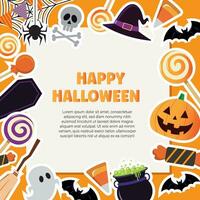 Halloween Background with Flat Icons and Square Frame Vector Illustration