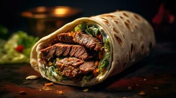 Hot fresh grilled donner or shawarma beef wrap roll, ready to serve and eat. AI Generated photo