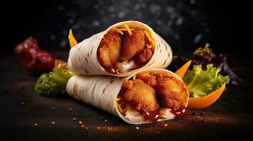 Deliciously hot and flavorful chicken tender wrap roll with flying ingredients and spices, ready to be served and enjoyed. AI Generated photo