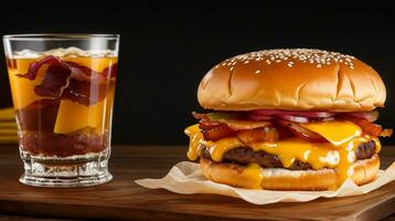 Photo of a delicious triple meat hamburger with bacon and yellow cheese fire on background