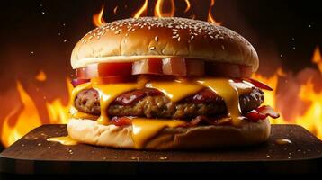 Photo of a delicious triple meat hamburger with bacon and yellow cheese fire on background