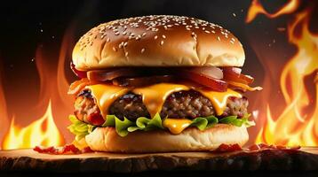 Photo of a delicious triple meat hamburger with bacon and yellow cheese fire on background