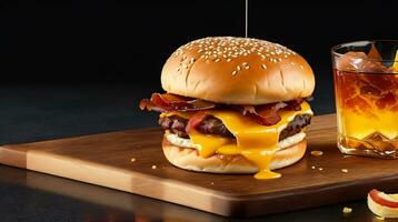 Photo of a delicious triple meat hamburger with bacon and yellow cheese fire on background