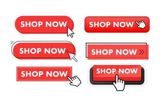 Set of shop now button. Hand pointer clicking. Shop now web buttons vector