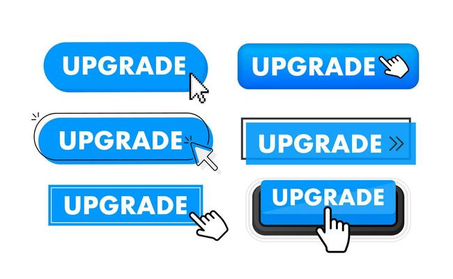 Set of upgrade button. Hand pointer clicking. Upgrade web buttons