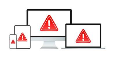 Attention message, alert sign on laptop and smartphone screen. Danger error alerts vector