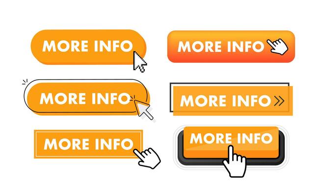 Set of more info button. Hand pointer clicking. More info web buttons