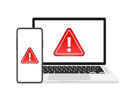 Attention message, alert sign on laptop and smartphone screen. Danger error alerts vector