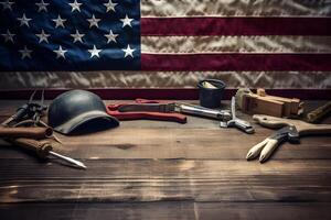 Construction tools with American flag on dark black background. Labor day banner. photo
