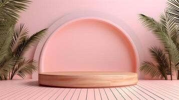 Pink podium stand with nature rock palm scene background. photo