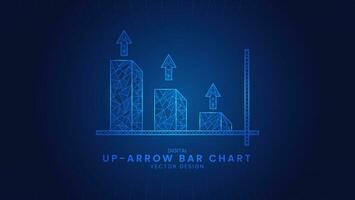 Bar chart with up arrow growing business. Investment graph to success, Market profit. Low Poly wireframe style Vector Illustration