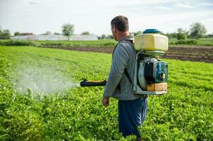 kherson oblast, Ucrania mayo 22, 2021 granjero aerosoles un patata plantación con un pulverizador. eficaz cosecha proteccion de cultivado plantas en contra insectos y hongos niebla pulverizador, fungicida pesticida. foto