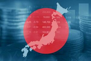 Japón bandera y mapa con valores mercado finanzas, economía tendencia grafico digital tecnología. foto