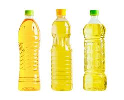 Vegetable oil glass bottle isolated on white background, organic healthy food for cooking. photo