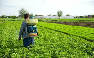 kherson oblast, Ucrania - mayo 22, 2021 granjero aerosoles pesticidas en plantación. utilizar productos quimicos para planta proteccion desde insectos y hongos infecciones agricultura industria. pesticidas y fungicidas foto