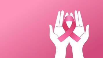 Breast Cancer Awareness Month Banner Simple Clean Cartoon Hand Holding Pink Ribbon Illustration vector