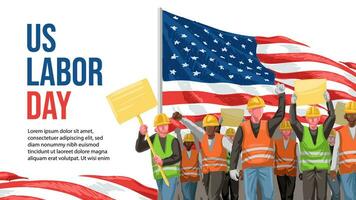 labor día bandera con grupo de trabajadores vistiendo la seguridad casco de marcha en frente de americano bandera antecedentes mano dibujado ilustración vector