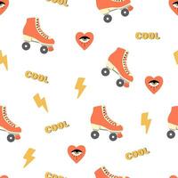 Seamless pattern with cool retro 70s elements. Roller skate, lightning, heart, lettering. Hippie stickers. Vector illustration isolated objects