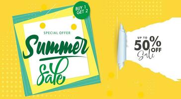 Realistic Summer sale banner and poster design with tropical leaves background Vector. big and super sale summer background design. vector