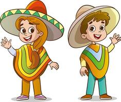 Mexican kids in poncho and sombrero vector illustration