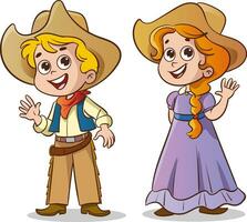 dibujos animados ilustración de linda chico y niña en vaquero disfraz vector