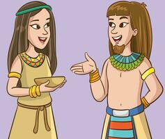 Cartoon illustration of young woman and man in traditional costume of ancient Egypt vector