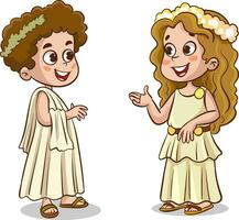 linda pequeño niña y chico en el antiguo griego traje. vector ilustración