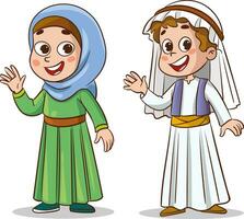 Muslim boy and girl in traditional clothes. Vector clip art illustration.