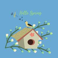 Hand drawn illustration of sing bird on the roof of the birdhouse with musical notes and inspiration Hello Spring. Vector illustration on a white background.