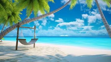 AI Generative Beautiful natural tropical landscape beach with white sand and Palm tree girl is resting on a swing Turquoise ocean on background blue sky with clouds on sunny summer day island Ma photo