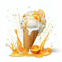 AI Generative Sweet refreshing summer food concept Ice cream fruit ice yellow orange and red colors and slices of lemon top view on a white marble table copy space Summer wallpaper photo