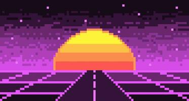 la carretera pixelado paisaje con sintetizador Dom y estrellas antecedentes. neón autopista 8 bits blanco púrpura Años 80 cuadrícula con cyberpunk a rayas luminaria. electrónico Violeta resplandor en 90s vector estilo