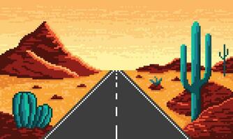 Pixel desert with straight highway background. Hot dry 8bit valley with asphalt road stretching into horizon with yellow sand and red hills with turquoise thorny vector plants.