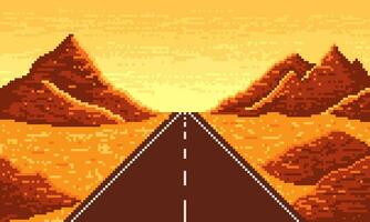 Pixel straight highway in yellow desert background. Hot 8bit valley with asphalt road stretching into horizon with dry sand and red vector hills