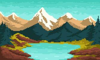 Mountain pixel lake with forest background. Colorful natural 8bit landscape with picturesque trees and blue sky with vector clouds