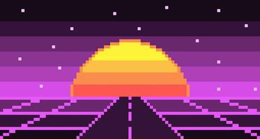 Pixel road synthwave landscape with sun and stars background. Neon highway 8bit blank purple 80s grid with cyberpunk striped luminary. Electronic violet glow in 90s vector style