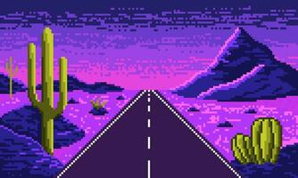 Neon pixel desert with straight highway background. Hot synthwave 8bit valley with asphalt road stretching into horizon with purple sand and hills with vector thorny plants.