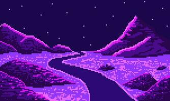 Pixel curve road in night hilly desert background. Wnding synthwave highway 8bit neon valley with starry sky with purple road and vector hills.