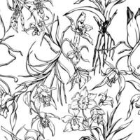 Hand drawn vector ink orchid flowers and branches, monochrome, detailed outline. Seamless pattern with crystal forms. Isolated on white background. For wall art, wedding, print, tattoo, cover, card.