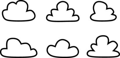 Doodle cartoon black outline cloud set vector illustration