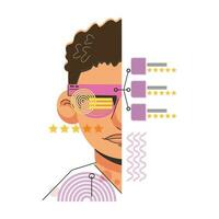 Guy wear smart glasses, VR virtual reality and augmented reality technology. Concept of future in risograph retro style. Cartoon man character. Vector illustration isolated on white.