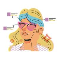 Woman wears smart glasses, VR virtual reality and augmented reality technology. Risograph retro style of future. Cartoon girl character. Vector illustration isolated on white.