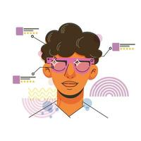 Man wears smart glasses, VR virtual reality and augmented reality technology. Risograph retro style of future. Cartoon guy character. Vector illustration isolated on white.