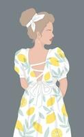 A faceless woman in a white dress with painted lemons stands with her back to us. Vector Flat modern summer illustration. For poster, postcard, book or magazine cover. isolated by layers