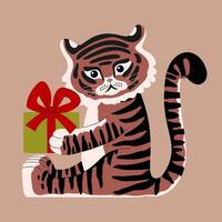 drawn cute tiger with a gift in its paws. vector flat illustration in modern style. year of the tiger 2022. children's style. for Christmas cards, posters, magnets.