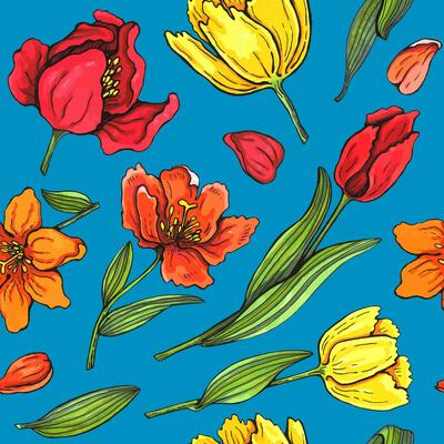 Seamless pattern of hand drawn watercolor tulip flowers. Bright background for fabric, wallpaper, wrapping paper.