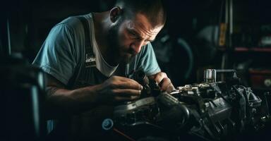 Mechanic repairs engine of vintage car. photo