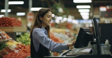 Cashier scans items in busy supermarket. photo