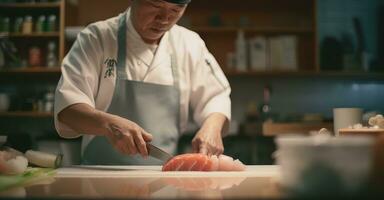 Sushi cocinero rebanadas pescado para maki rollo. foto