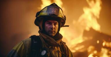 Firefighter combats flames amidst smoke. photo